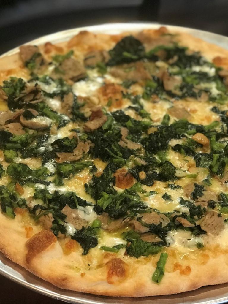 2. Broccoli Rabe and Sausage Pizza · White pizza, no sauce with garlic and mozzarella.