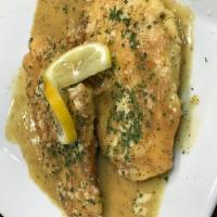 Chicken Francese Dinner · Served in a white wine lemon butter sauce.
