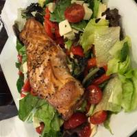 Grilled Salmon · Over mesclun greens and tomatoes with balsamic dressing.