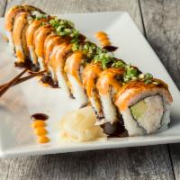 Lion King Roll · California Roll inside, torch-seared salmon on top with
dynamite sauce (10 pieces)