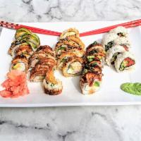 Sushi Lovers (feeds 2) · 25 pieces of 5 different rolls: Crunch Roll (5 pcs), Las Vegas
Roll (5 pcs), Dragon Roll (5...