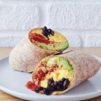 Breakfast Burrito · Three eggs scrambled with quinoa, black beans, avocado, cheddar cheese and pico de gallo in ...