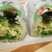9. Veg Sushi Burrito · Sushi rice, seaweed salad, yellow pickled radish, lettuce, avocado, mushroom, red ginger, cu...