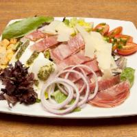 Prosciutto & Greens Salad · Organic mixed greens, tomato, salami, mozzarella, Parmesan, basil pesto, and fresh herbs wit...