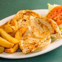 Grilled Chicken Sandwich · Grilled chicken, sautéed peppers, onions, and mozzarella Served with French fries, lettuce a...
