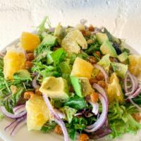 mixed green salad · mixed greens salad with grapefruit, fried chickpeas, avocado, red onions and champagne vinai...