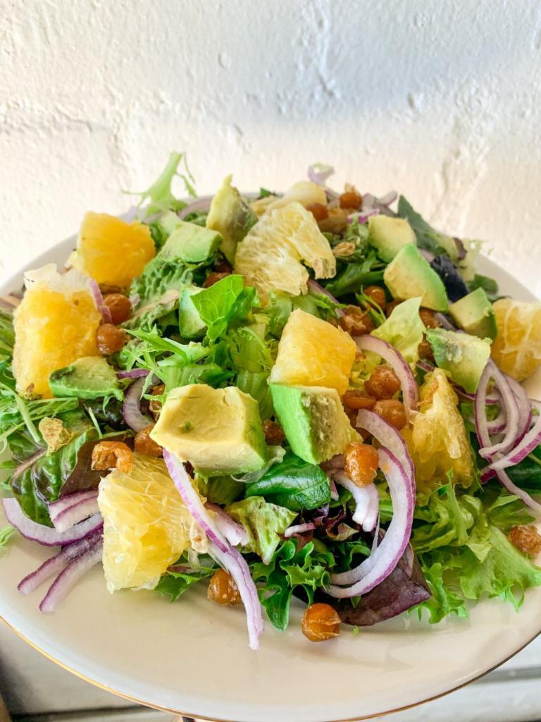 mixed green salad · mixed greens salad with grapefruit, fried chickpeas, avocado, red onions and champagne vinaigrette 