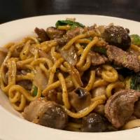 Beef Tiaw Nuea Noodle · Stir fried beef, egg noodles, mushroom bell pepper, celery, onion and green curry flavor. Sp...