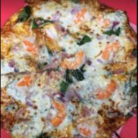 Shrimp & Salmon Grilled Flatbread · Grilled shrimp and salmon,  red onions, spinach and mozzarella cheese over chipotle sauce.