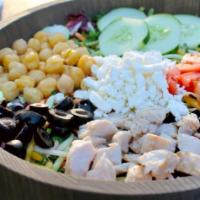 Mediterranean Power Blend Bowl · Grilled Chicken, tomato, cucumber, garbanzo beans, black olives and feta cheese with lettuce...