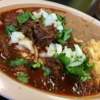 BIRRIA PLATE · BIRRIA, RICE, BEANS, ONIONS & CILANTRO ON TOP SERVED WITH HANDMADE TORTILLAS
