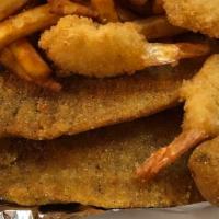 Seafood Basket and Fries · 2 Pieces of fish, spicy fry, 3 butterfly shrimp and hushpuppies