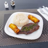 Churrasco ( Beef Shoulder Steak) · 6 oz. grilled shoulder steak,  served with white rice and black beans.