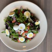 Garden Salad · Mixed greens, cucumbers, tomatoes, egg, croutons, red onion, house white balsamic