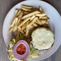 Cheeseburger · 1/2 lb. burger, American cheese, lettuce, tomato, onion, french fries