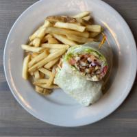 Crispy Chicken Wrap · Crispy chicken, lettuce, tomato, red onion, honey mustard, French fries