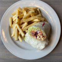 Buffalo Chicken Wrap · Spicy crispy chicken, lettuce, tomato, red onion, bleu cheese, French fries