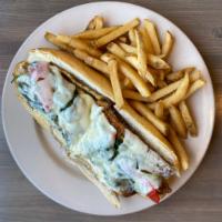 Italian Chicken Cutlet · Hand-breaded cutlet, spinach, roasted red peppers, sharp provolone, long roll, French fries