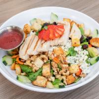 Raspberry Chicken Salad · 5 oz. of grilled chicken breast, blue cheese, walnuts, cucumber, tomato, shredded carrots, d...
