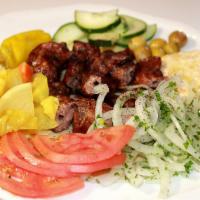 Tekka Lamb · 3 skewers of lamb and grilled onions, tomatoes, served with jalapenos, pita bread, hummus, p...