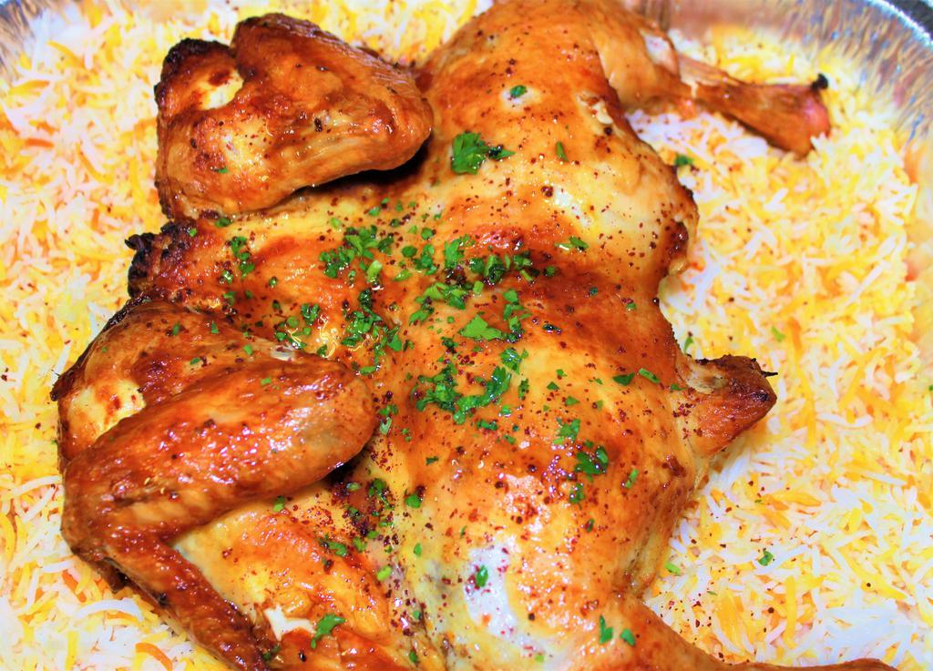 Baked Whole Chicken · Oven baked chicken seasoned with spices, served on rice or bulgur. Allow one hour for preparation