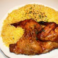 Baked 1/2 Chicken · Oven Baked chicken seasoned w7ith spices, soperved on rice or bulgur. Allow one hour for pre...