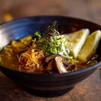 Vegan Miso Ramen · Kombu doenjang broth, tofu, spinach, bean sprouts, shiitake mushrooms,  crispy potato, and s...