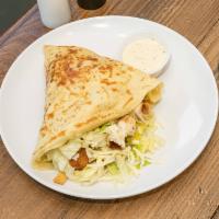 Caesar Crepe · 5 cheese blend, grilled chicken, lettuce, tomato, croutons, and Caesar dressing.