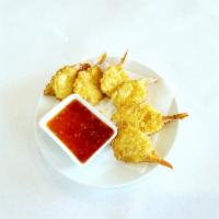 A6. Shrimp Tempura · 6 pcs Shrimp (Mid-size Peeled) Fried Fresh Vegetable oil / Choo Choo Honey Sweet & Sour Sauce