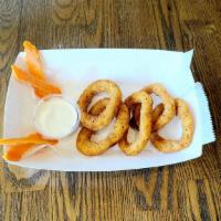 A7. Calamari ( Squid Rings - Fried ) · 5 pieces Large Squid Rings  Battered and deep-fried. Try Choo Choo Signature Ranch Sauce Dip...