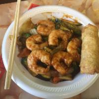 C11. Shrimp with Broccoli Combo Platter · Served with pork or chicken fried rice and egg roll.