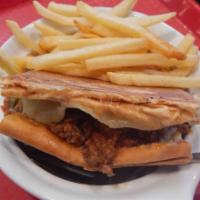 Sloppy Jose Sandwich · HALF sandwich with Swiss cheese and picadillo. Served with small order of fries. Dump your F...