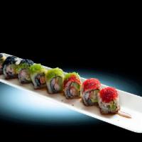 Viagra Roll · Eel, crab stick, cucumber and avocado, top with 3 kinds of tobiko fish egg and eel sauce.