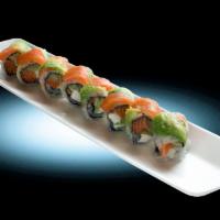 Super Alaskan Roll · Fresh salmon, cream cheese and cucumber, top with fresh salmon and avocado.