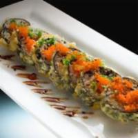 Lobster Tempura Roll · Fried roll cooked lobster, crab stick, cream cheese, cucumber and avocado, top with masago f...