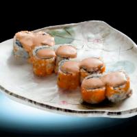 Seafood Roll · 4 kinds of raw fish and crab stick, top with masago fish egg and spicy mayo.