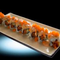 Red Dragon Roll · Baked roll with spicy tuna and cucumber, top with spicy crab mix, masago fish egg and spicy ...