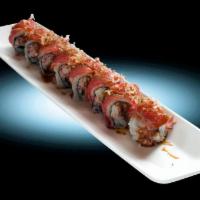 Love Roll · Seared tuna and crab stick. Topped with seared tuna and fish flakes.