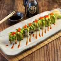 Dragon Roll · Eel Cucumber inside with avocado and massago on top