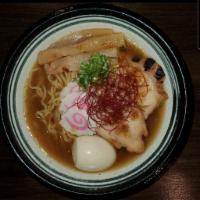 Chicken Ramen · Slice Chicken, bamboo, fish cake, egg & Scallion with ramen noodle in soup
