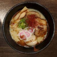 Roast Pork Ramen · Japanese noodles with Roast Pork , bamboo, fish cake & scallion with soup.