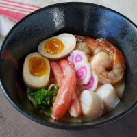 Seafood Ramen · Japanese noodles with jumbo shrimp, snow crab meat, scallop, bamboo, fish cake & scallion wi...