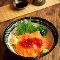 Salmon Ikura Bowl · Salmon sashimi and salmon egg over sushi rice.