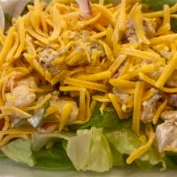 House Salad · Iceberg and romaine lettuce topped with tomatoes, cucumbers, radishes, red onions, cheddar c...