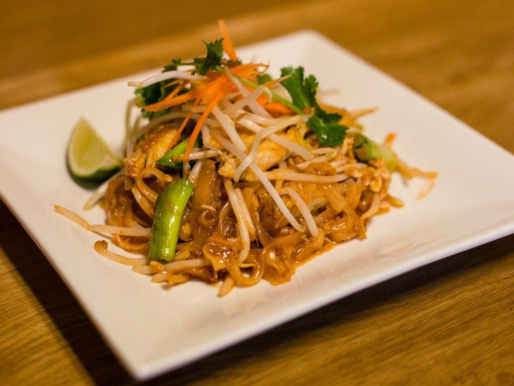 N1. Pad Thai · The famous Thai dish! Rice noodles, egg, onion, bean sprouts and ground peanuts.