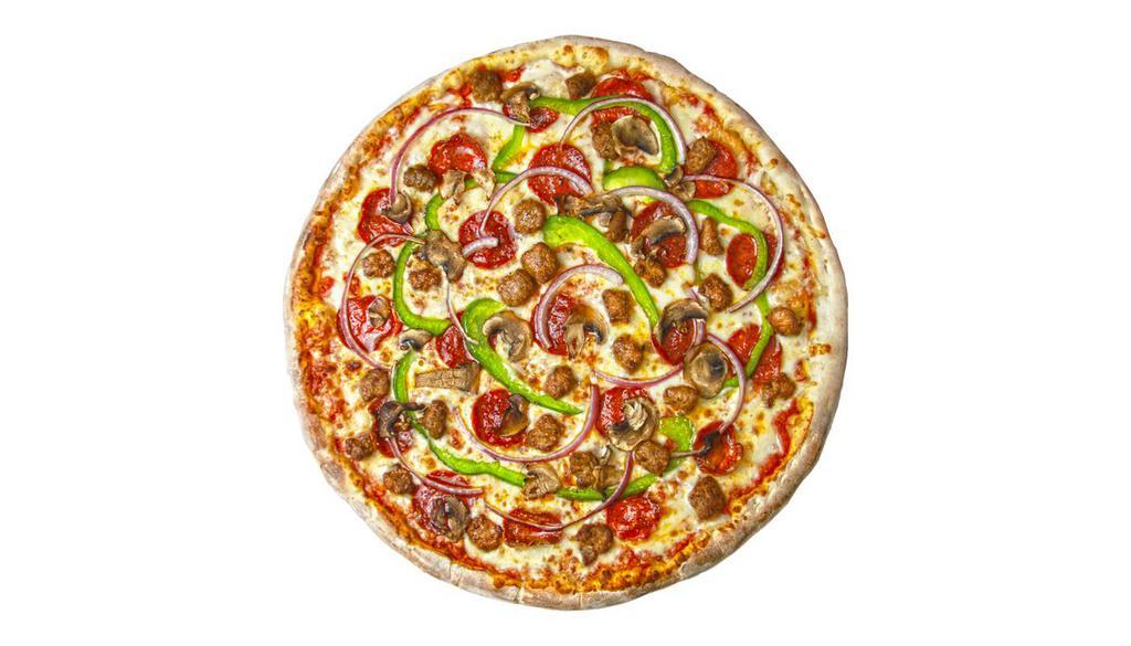 Large Supreme Pizza and Wings · Perfectly cooked Golden Brown Hand-Tossed Supreme Pizza ingredients: pizza dough, tomato sauce, pepperoni, sausage, mushroom, onion, green peppers and 10 wings of your flavor choice 
