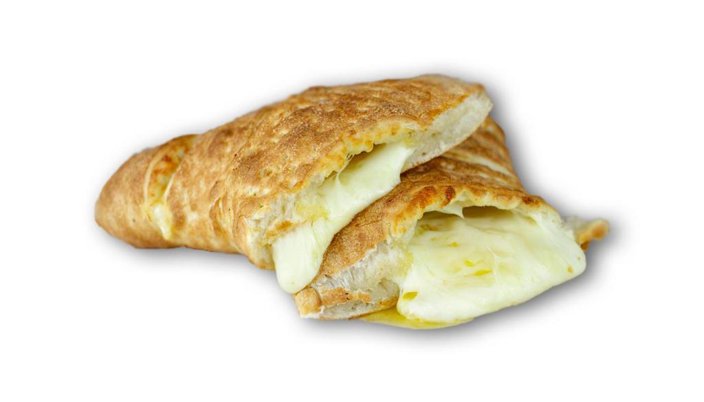 Calzone Style Cheese Bread · Calzone shaped cheesy bread with loaded mozzarella cheese inside & on the top, glazed With garlic sauce. 