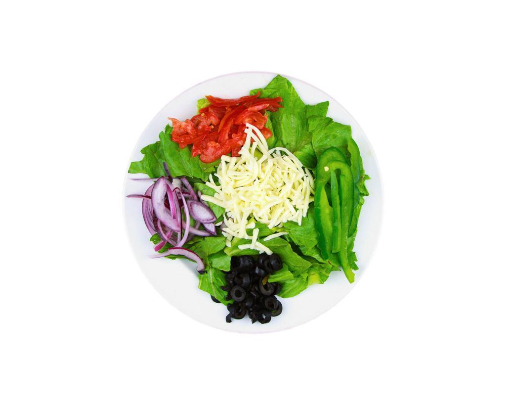 House Salad · Fresh green lettuce mix, tomatoes, black olives, red onions, bell peppers, shredded mozzarella cheese
