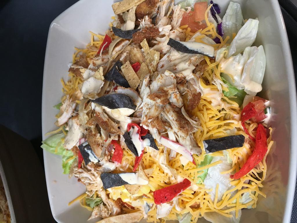 Smokey Southwest Chicken JV Salad · Mixed greens, house smoked chicken, cheddar cheese, poblano pico de gallo, corn and tortilla strip drizzled with spicy ranch.