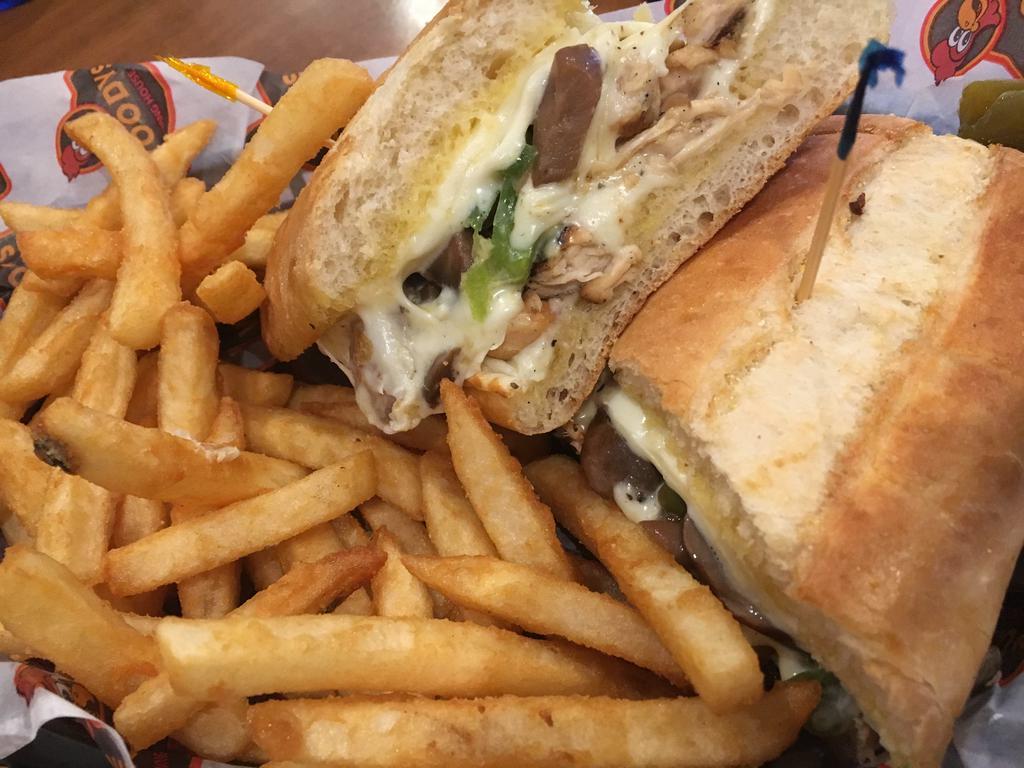 Chicken Philly Sub · Grilled chicken with peppers, mushrooms and onions smothered in white American cheese. Includes choice of side.